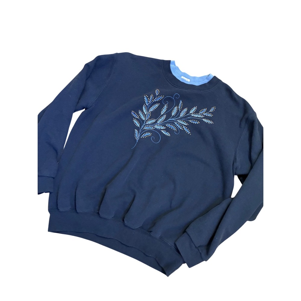 Vintage Top Stitch Morning Sun Navy Blue Embroidered Floral Sweatshirt XL